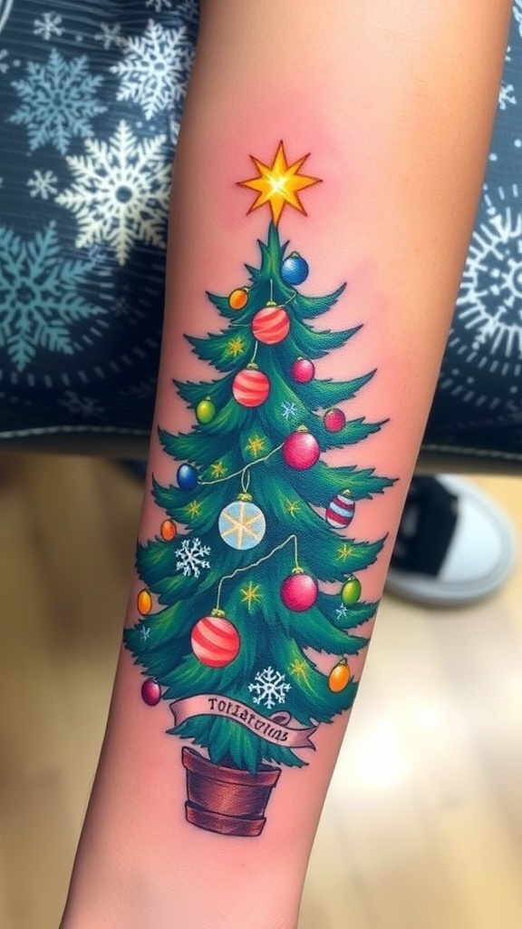 Christmas Tree Tattoo Design Ideas A colorful Christmas tree tattoo with ornaments and a star on a forearm.